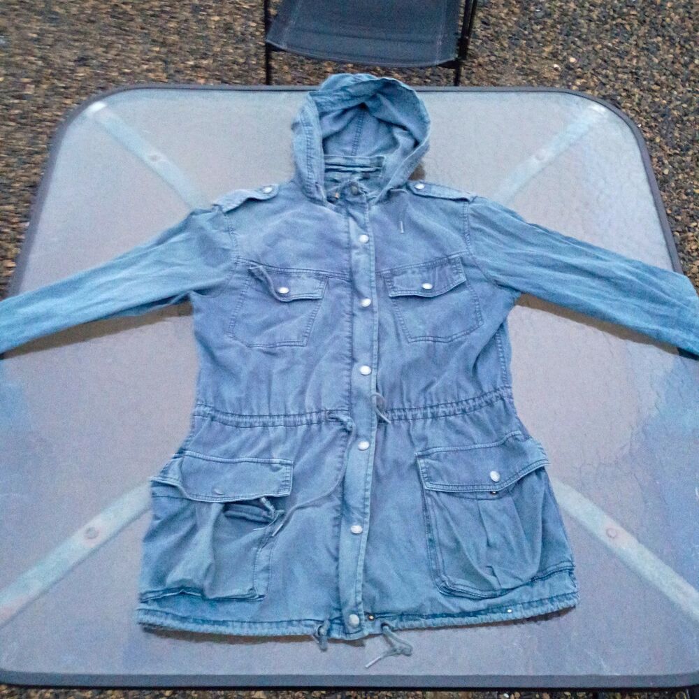 Talula Women's Blue Solid Hooded Button Front Utility Jacket Pockets M